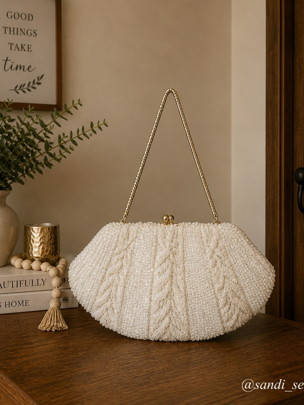 Ivory Beaded Cable-Knit Evening Clutch with Chain Strap